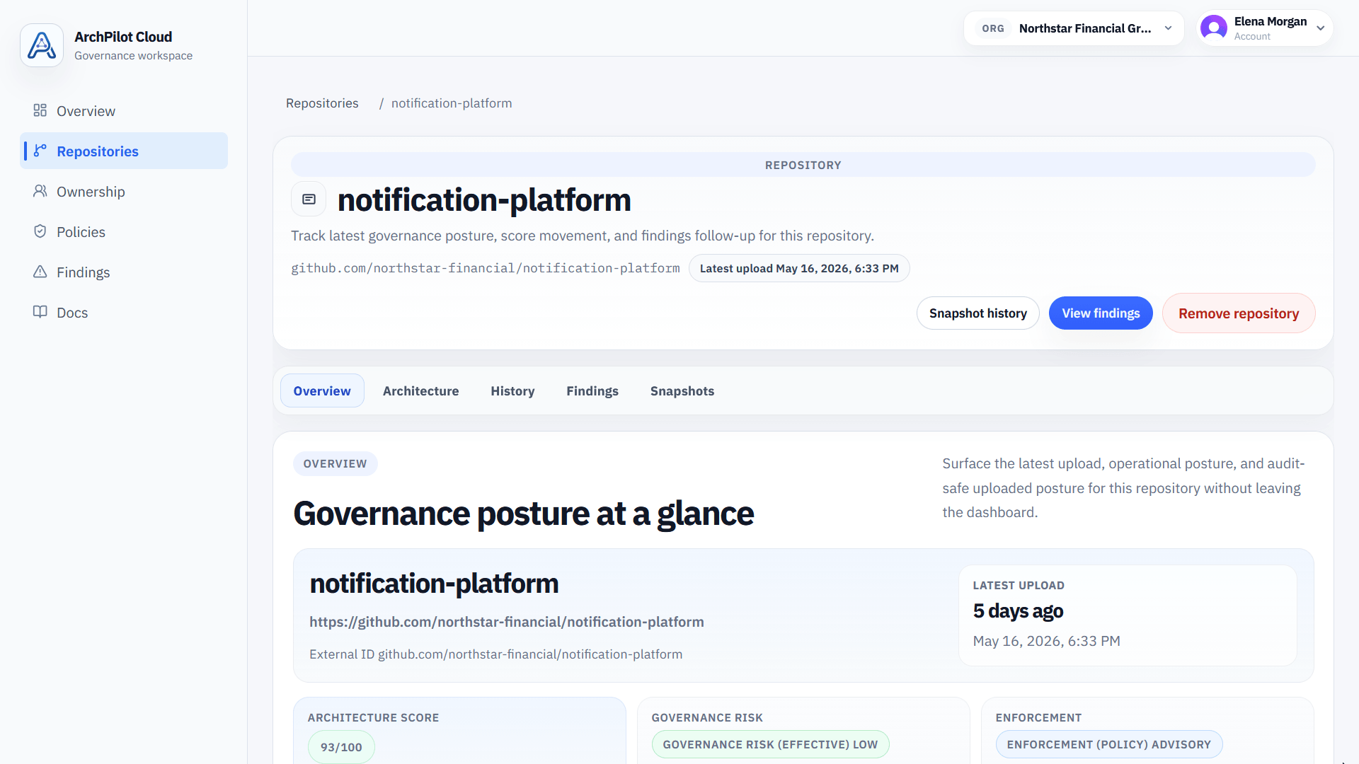 ArchPilot Cloud repository detail page with architecture score, repository metadata, and governance history.