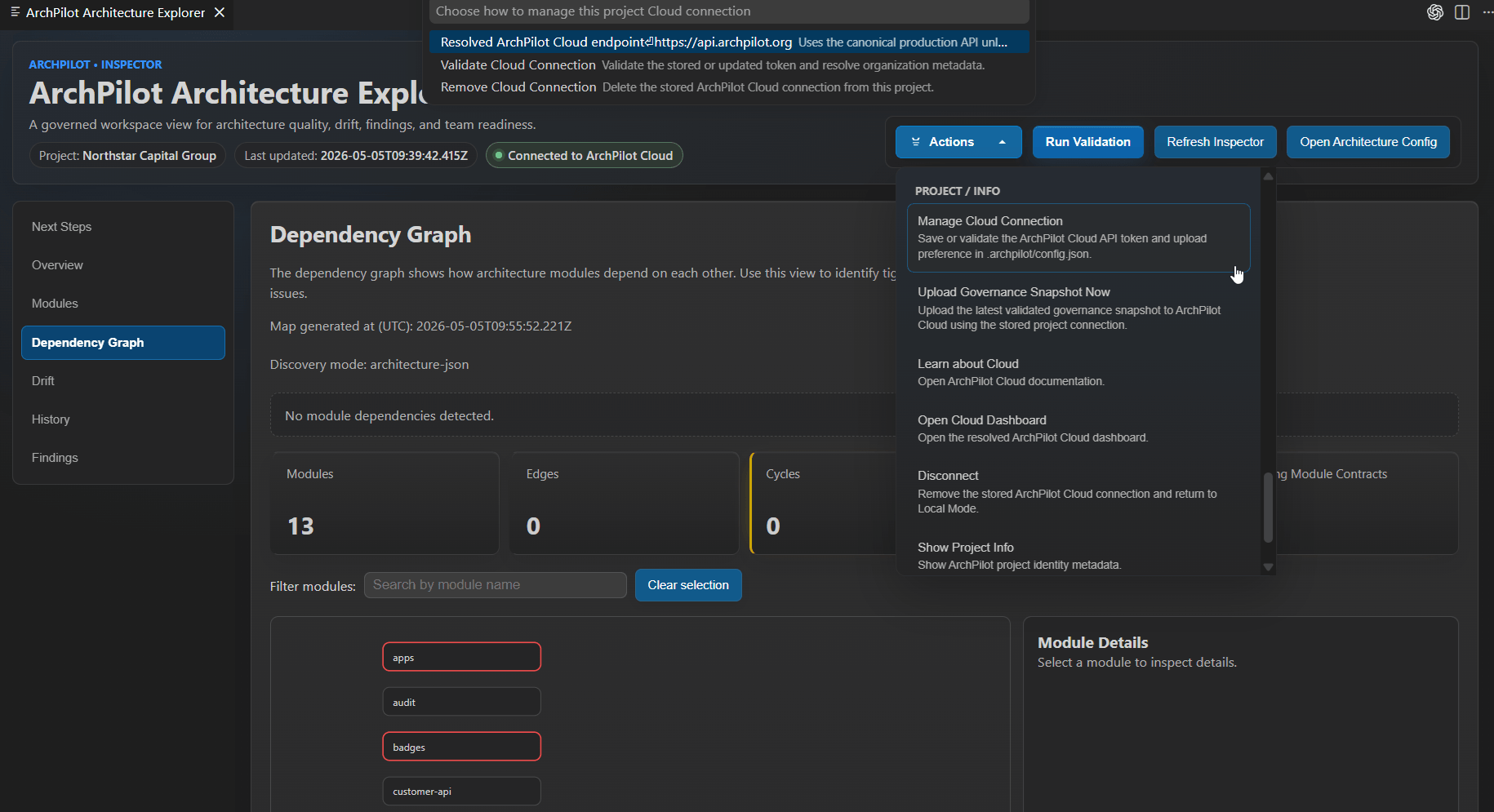 ArchPilot VS Code cloud connection view for uploading architecture governance metadata.