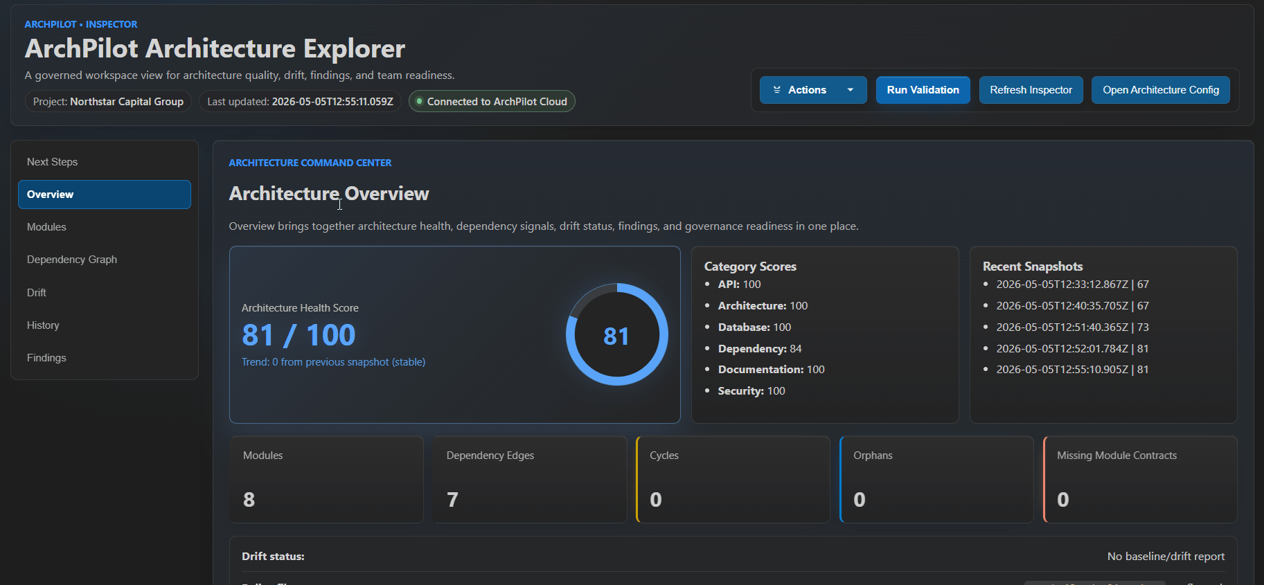 ArchPilot VS Code inspector showing local architecture validation results before publishing to Cloud.