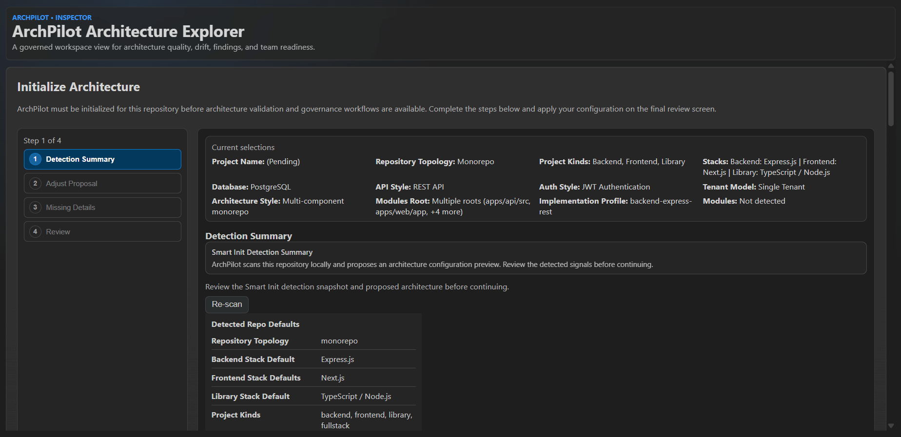 ArchPilot Smart Init and validation flow detecting architecture and producing local metadata.