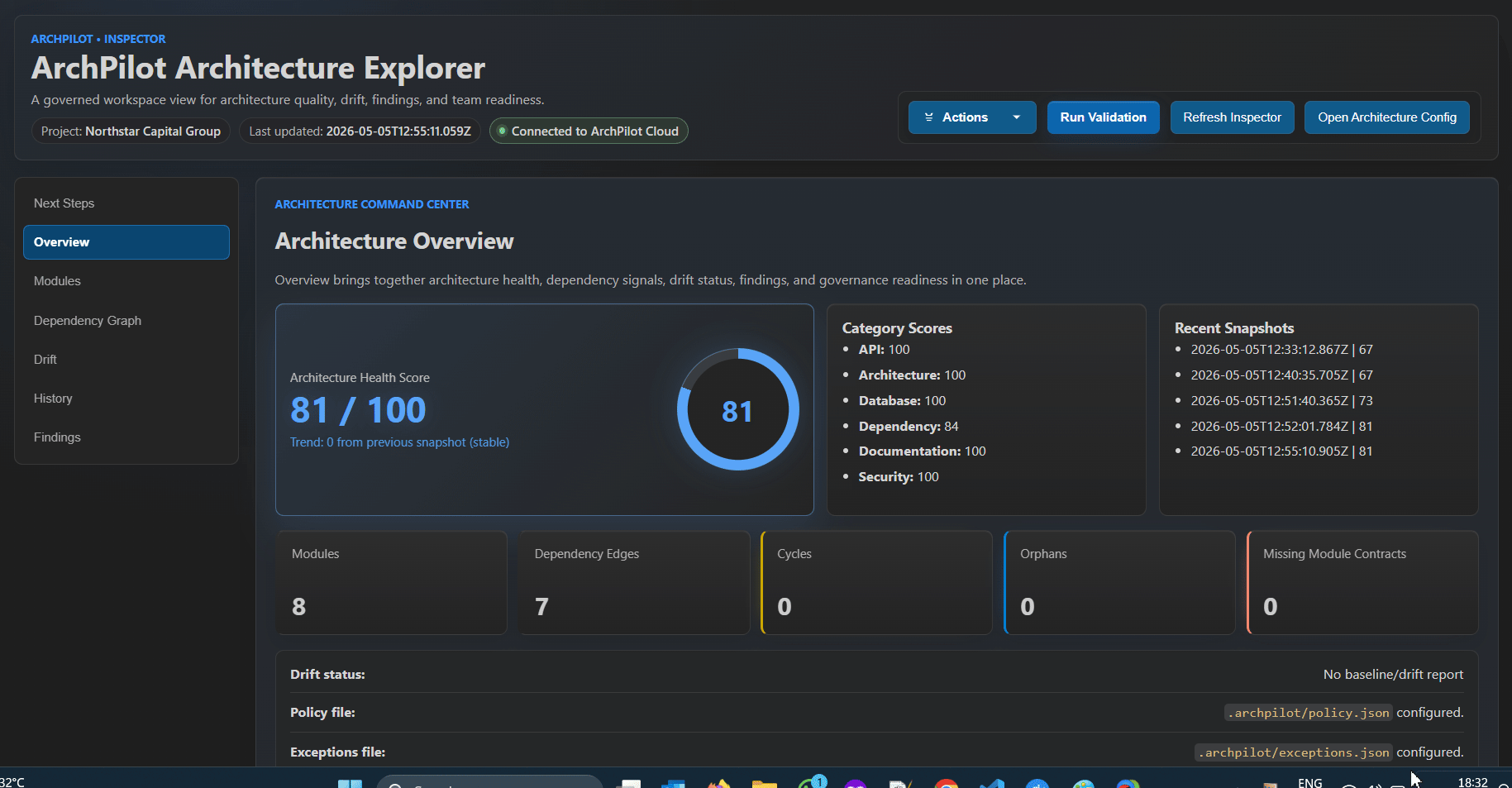 ArchPilot findings view showing architecture validation results in VS Code.